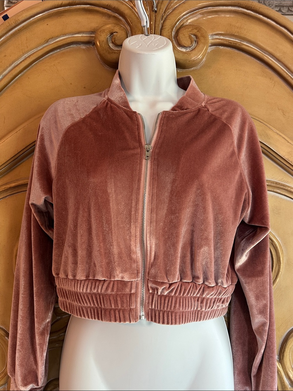 SHEIN Cropped Velvet Bomber Jacket in Dusty Rose